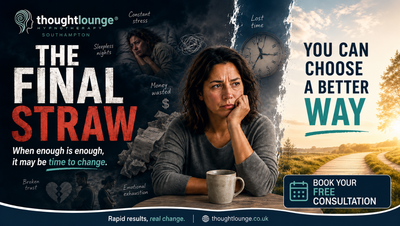 The Final Straw: Is It Time to Change Your Habit? Woman reaching the final straw with an unwanted habit, looking from stress, lost time and wasted money towards a brighter future and a free hypnotherapy consultation.