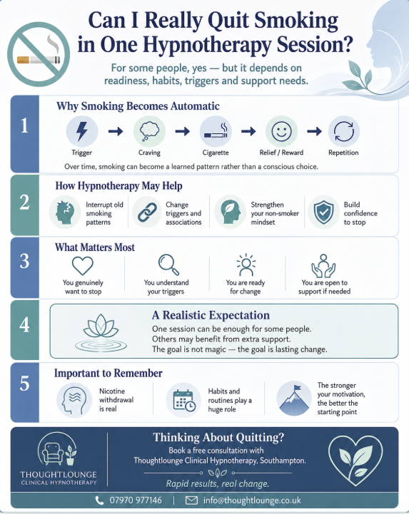 Infographic explaining whether you can quit smoking in one hypnotherapy session, including smoking triggers, how hypnotherapy may help, what matters most, and a call to book a free consultation with Thoughtlounge Clinical Hypnotherapy in Southampton.