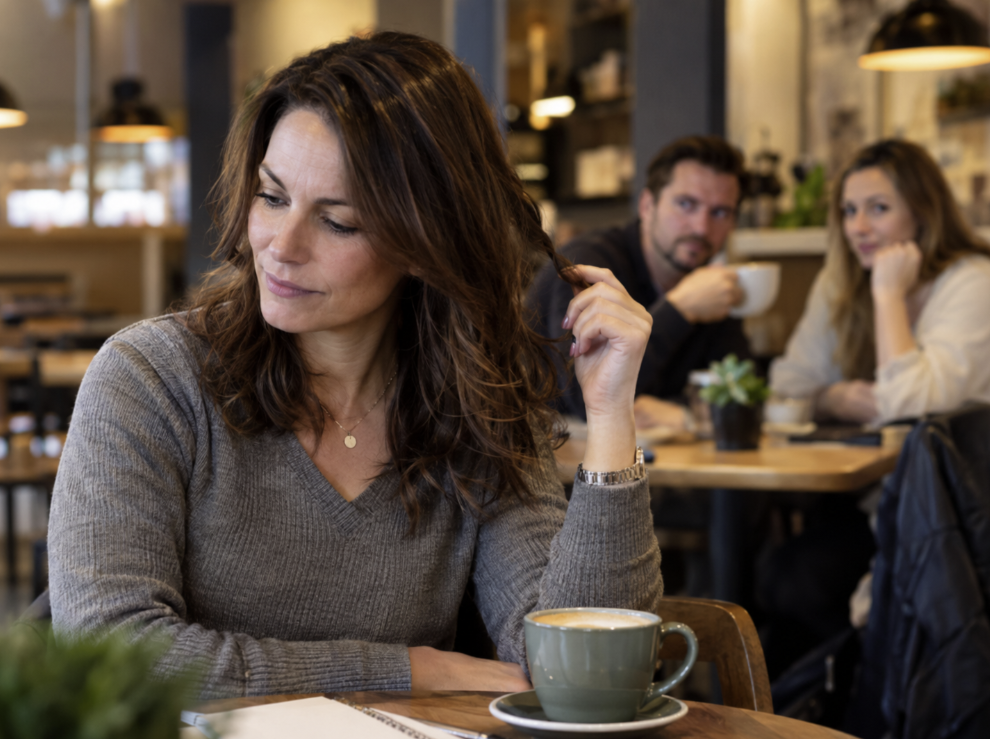 Hair Twirling Habit – Hypnotherapy Southampton Middle-aged brunette woman twirling her hair in a coffee shop while two people look towards her in the background.