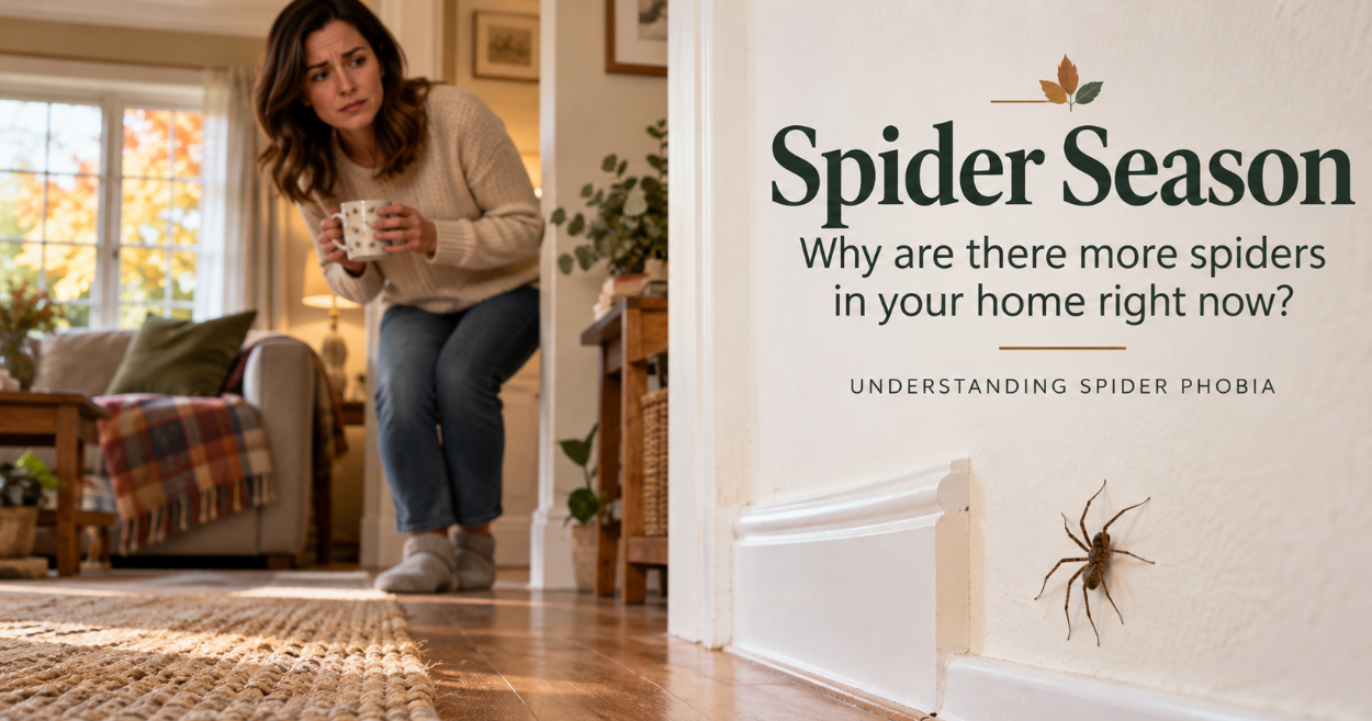 Woman noticing a house spider in her home during autumn spider season, illustrating spider phobia and fear of spiders.