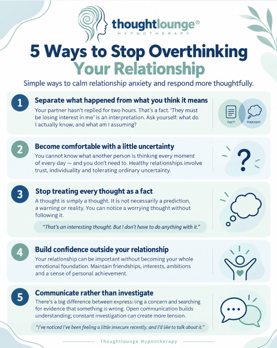 Thoughtlounge Hypnotherapy infographic showing five ways to stop overthinking your relationship: separate facts from assumptions, accept uncertainty, question negative thoughts, build self-confidence and communicate openly.