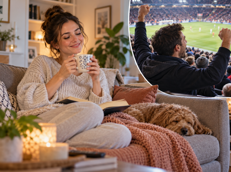 A relaxed, smiling woman enjoys a peaceful evening at home with a book, cup of tea and her dog, while her male partner enjoys watching football at a stadium. The image illustrates trust, independence and emotional security in a healthy relationship.