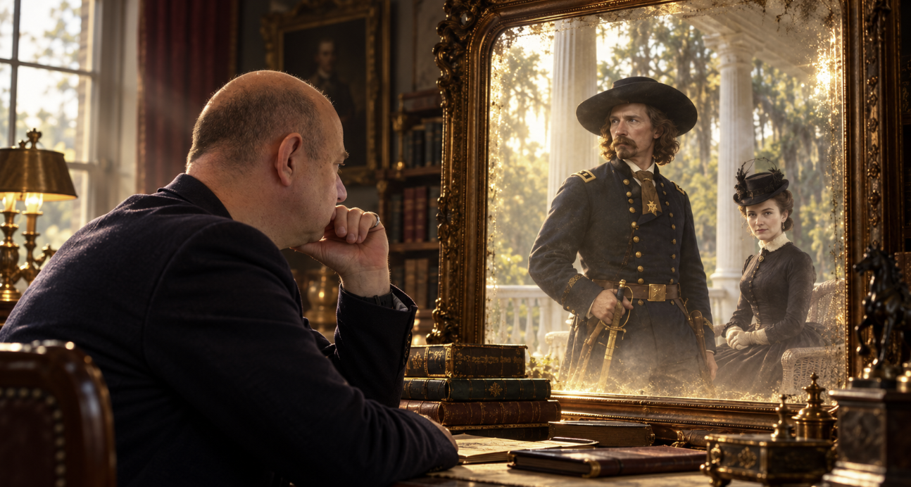Past Life Regression Hypnosis – Have You Lived Before? | Dr Iain Lightfoot Dr Iain Lightfoot looking into an antique mirror reflecting a scene from the American Civil War, illustrating Past Life Regression hypnosis and memories of a possible previous life.
