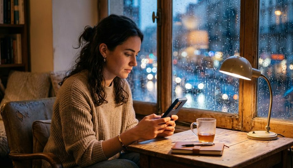 Woman looking thoughtfully at her phone while experiencing relationship anxiety and overthinking.