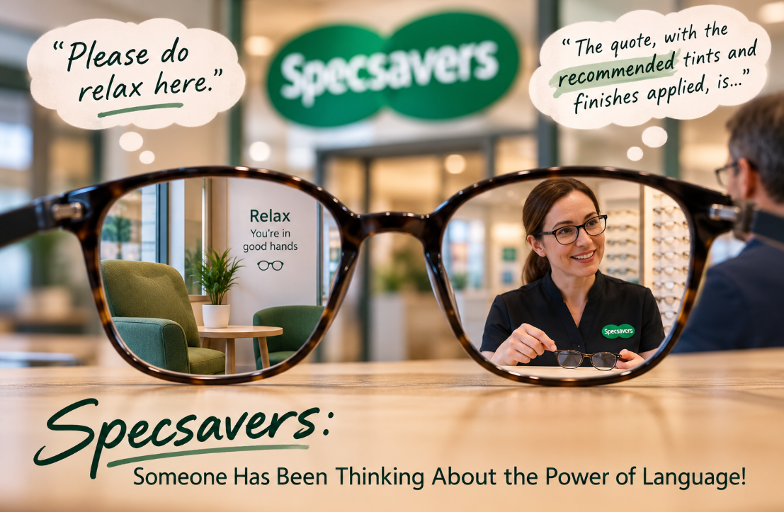 Specsavers: The Power of Language, NLP and Subtle Influence A pair of glasses framing a Specsavers waiting area and an optician assisting a customer, with speech bubbles highlighting the phrases “Please do relax here” and “recommended tints and finishes”, illustrating the psychology and power of language.
