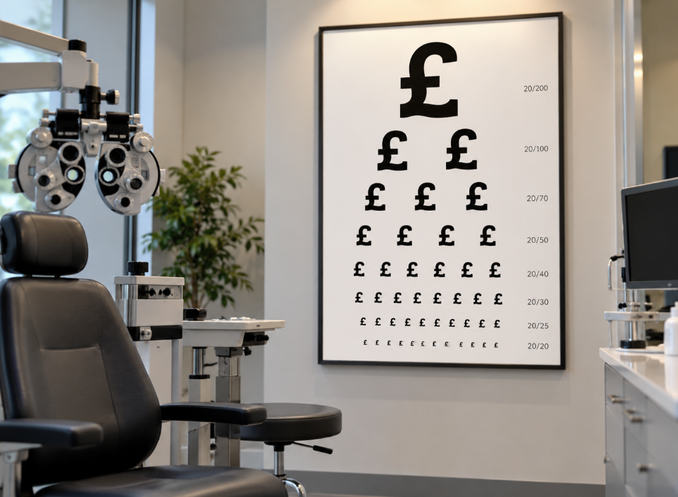 An optometrist’s examination room with a black chair and eye-testing equipment beside a large eye chart on the wall, where the usual letters have been replaced by pound symbols (£) in descending sizes to suggest the theme of spending money.
